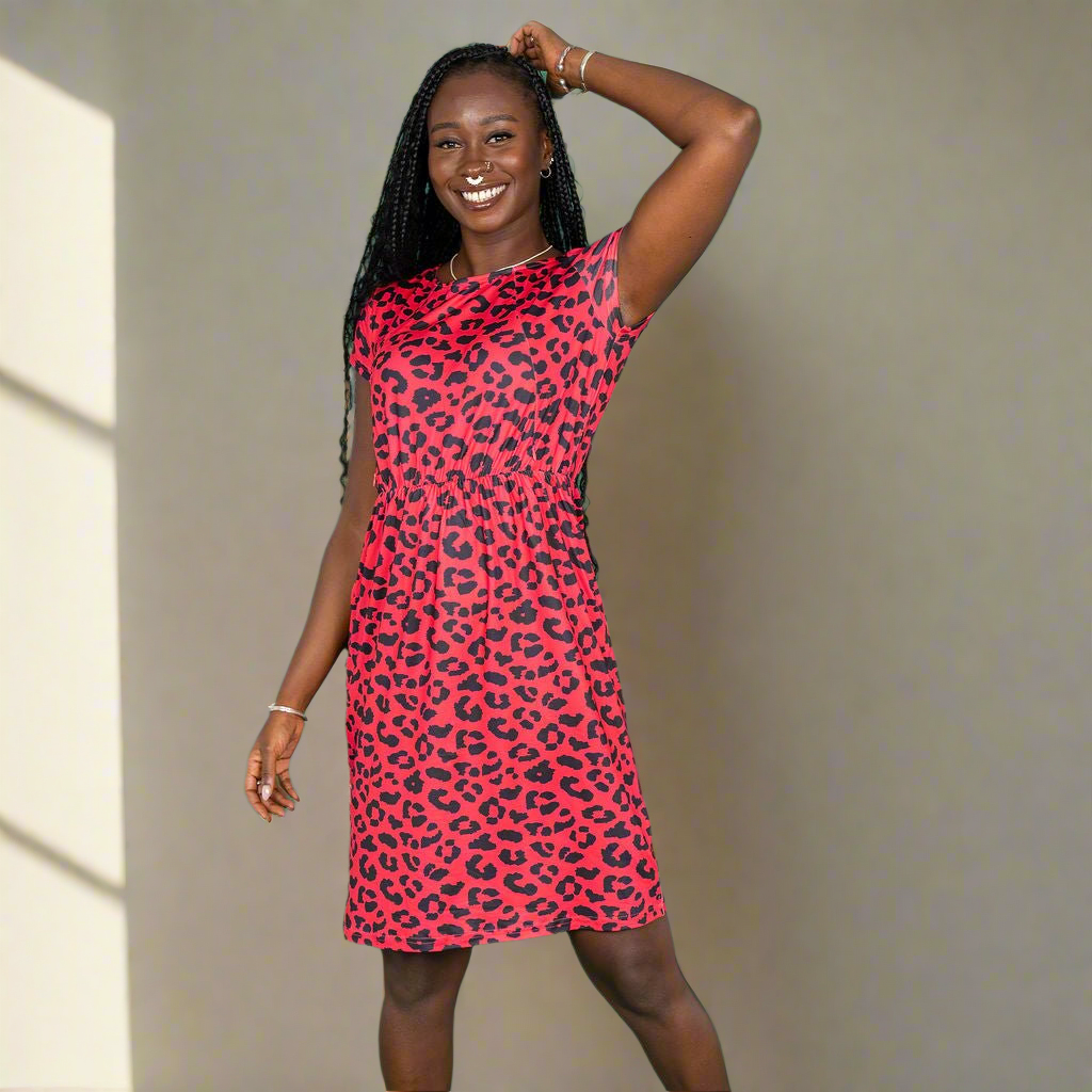Knee Length Breastfeeding Dress - Red Leopard Print