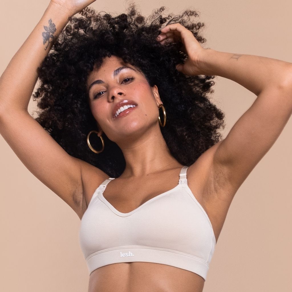 Woman wearing a white nursing bra