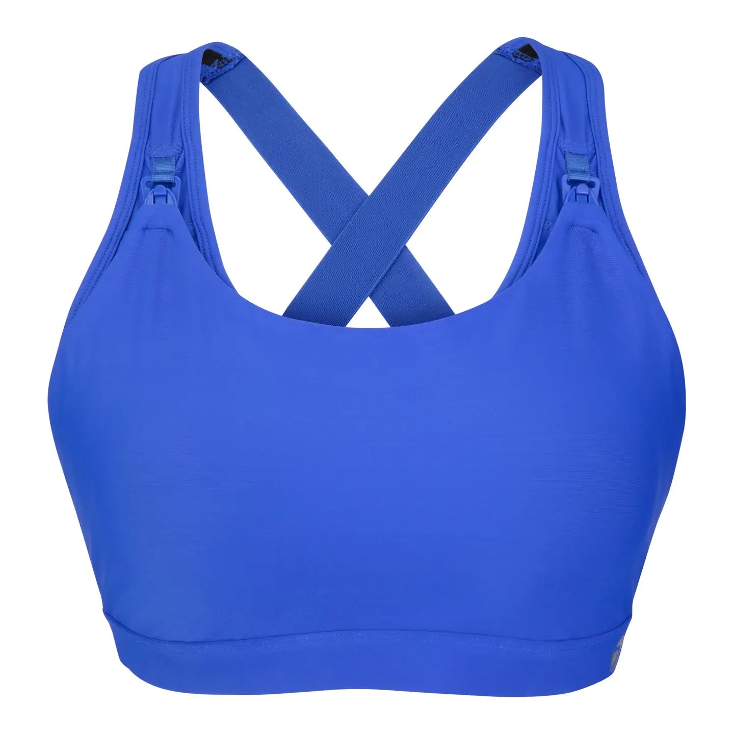 Blue sports bra with criss-cross straps on a white background