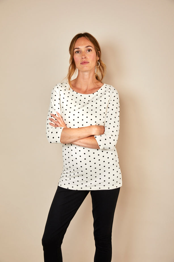Shona Spot Knee Dress — full view, MilkyMoon spot print nursing dress | Latchette