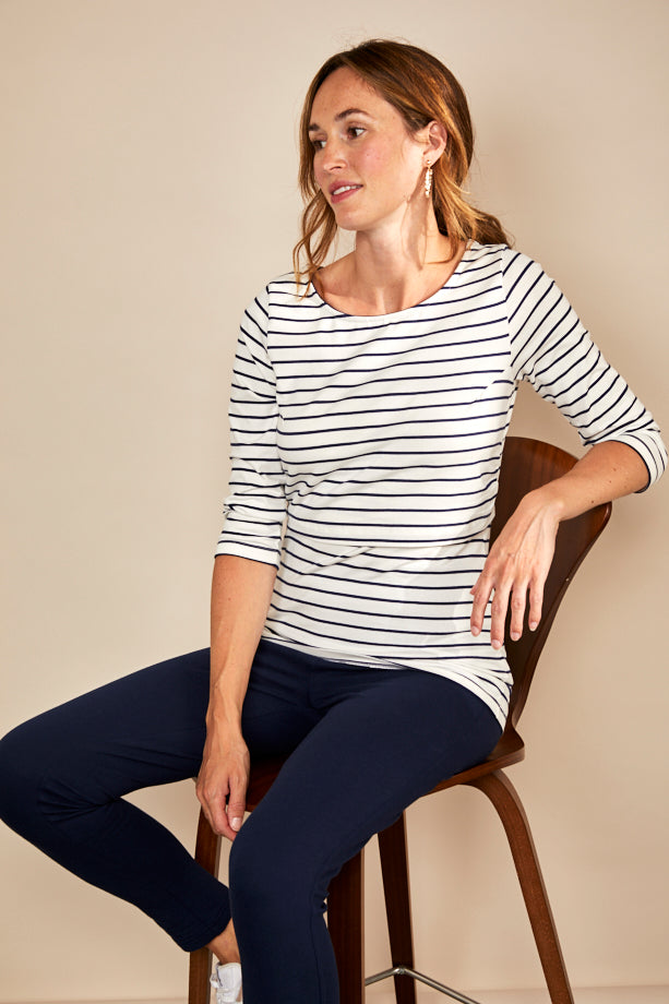 Nursing 3/4th Sleeve T-shirt - White/Navy Stripes