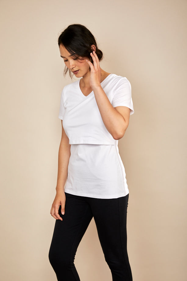 Bshirt White Black Spots Nursing Dress — front view, spot print nursing dress with lift access | Latchette