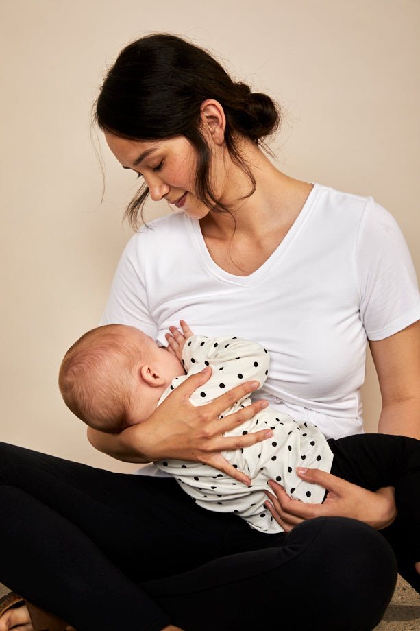 Bshirt White Black Spots Nursing Dress — lift access detail, spot print nursing dress | Latchette