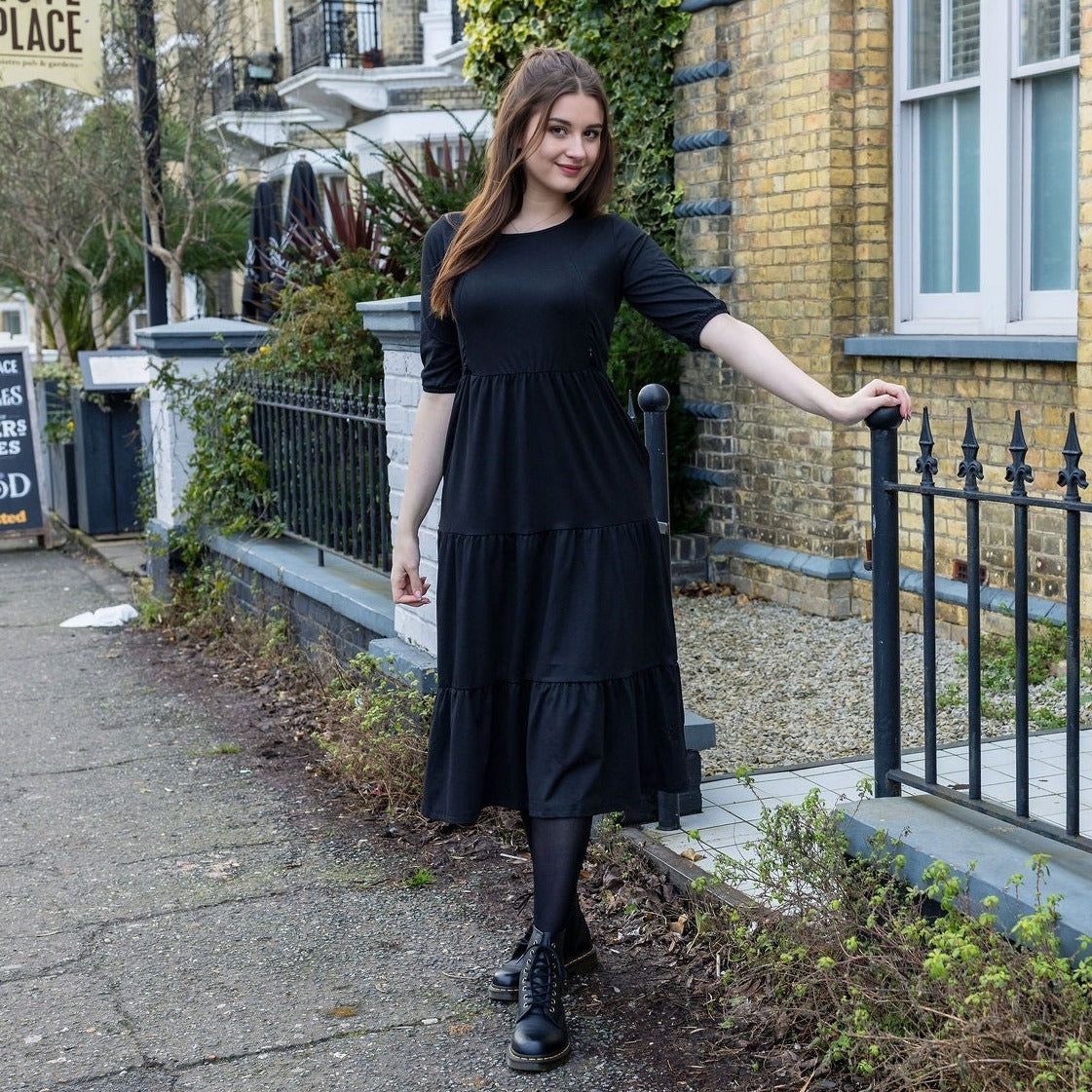 Midi Breastfeeding Dress - Beth Black Cotton