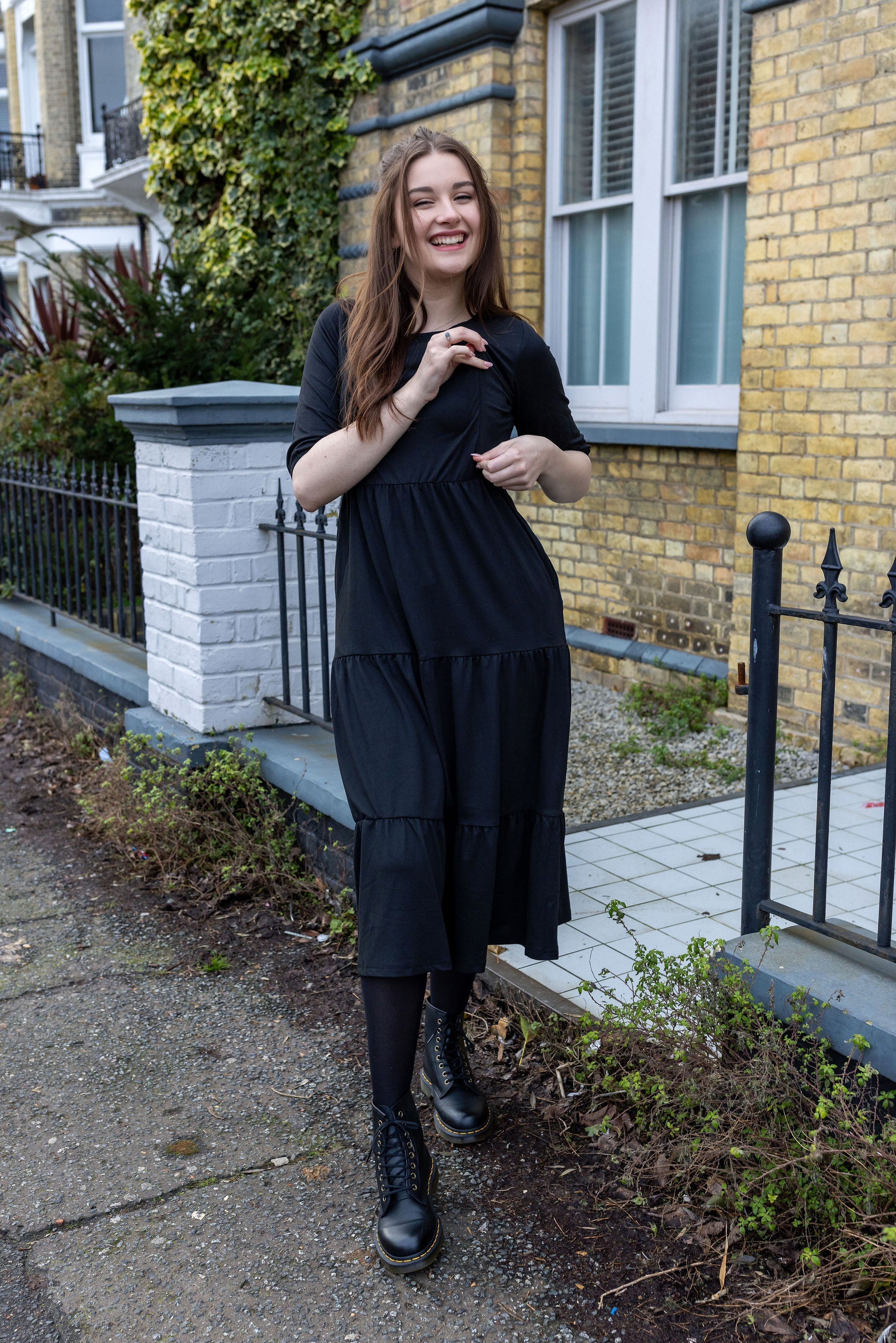 Midi Breastfeeding Dress - Beth Black Cotton