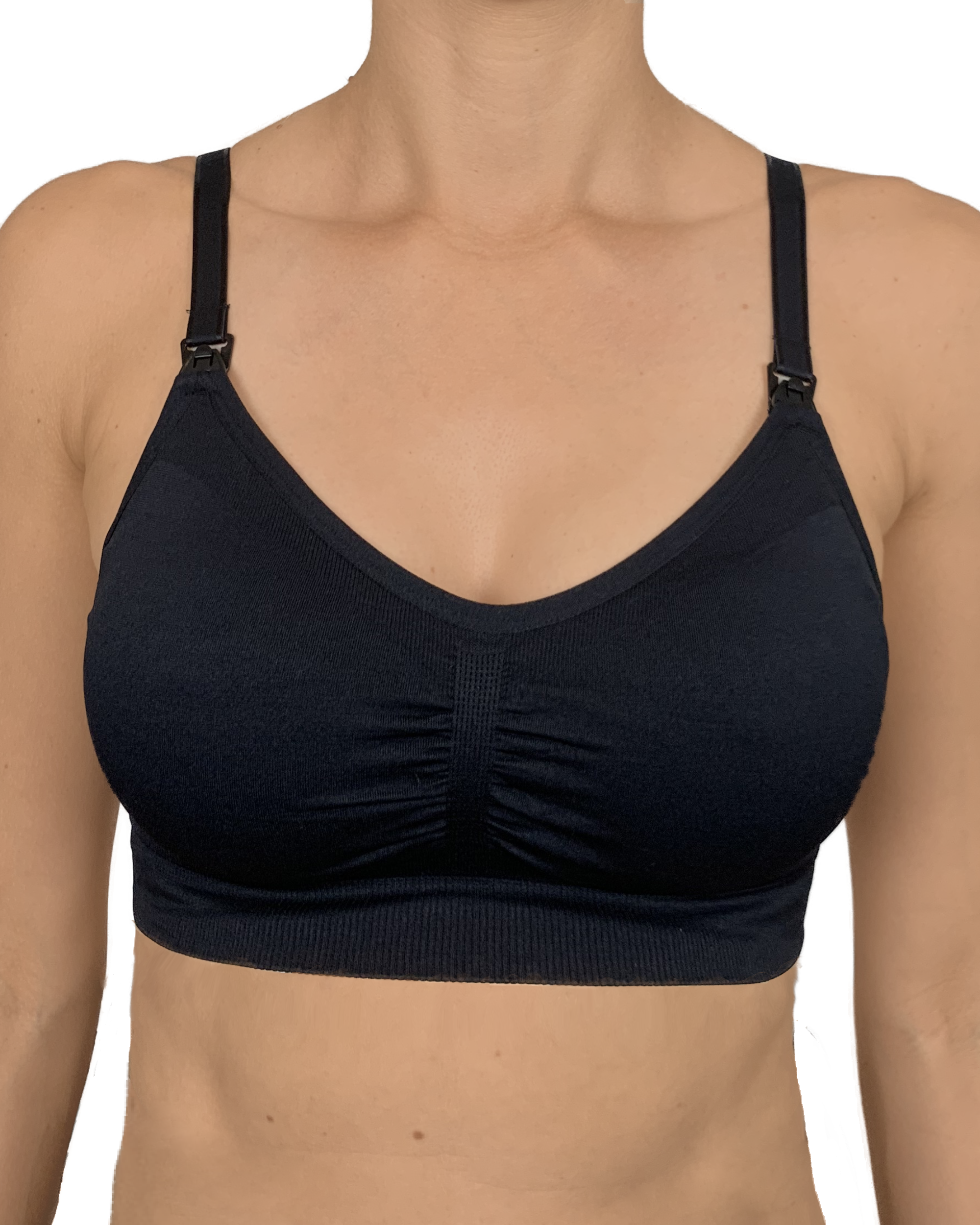 Black nursing bra on a white background