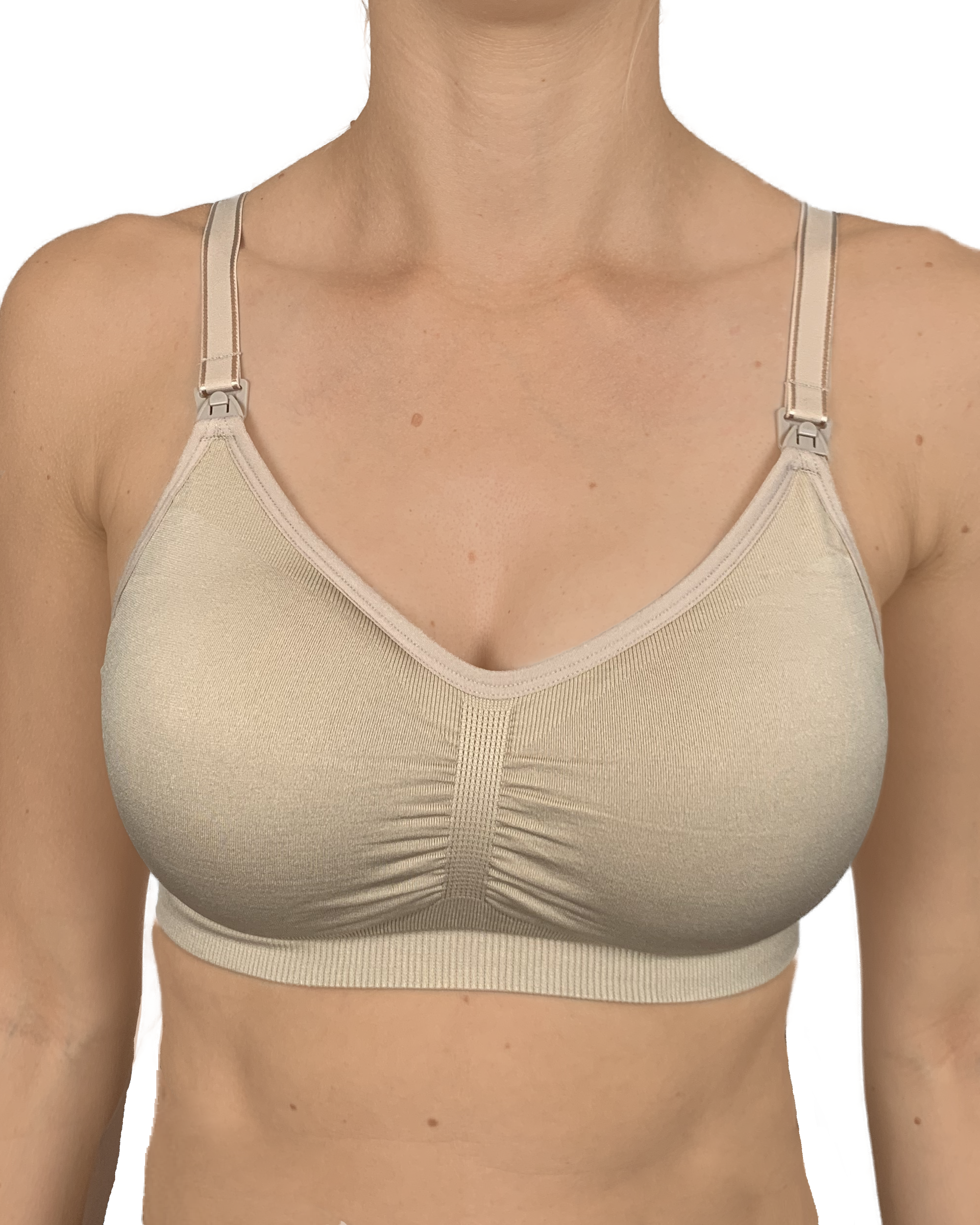 Beige nursing bra worn by a model on a white background