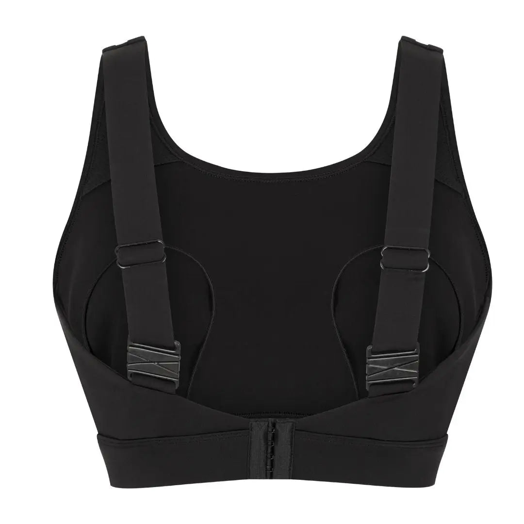 Black sports bra with straps on a white background