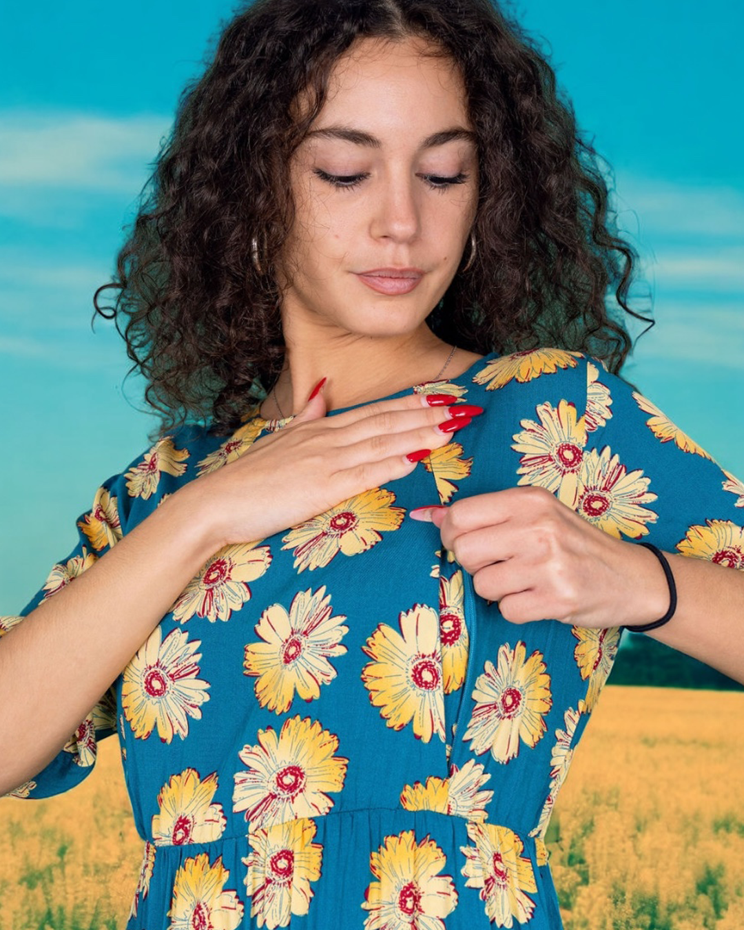 Midi Breastfeeding Dress - Blue Sunflower Cotton