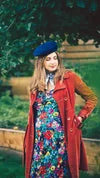 Dali Midi Dress vintage floral — model wearing in pregnancy, scooped neckline with tie detail | Latchette