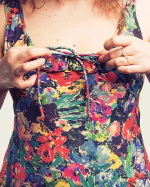 Dali Midi Dress — adjustable scooped neckline covering bra straps, hidden nursing zip detail | Latchette