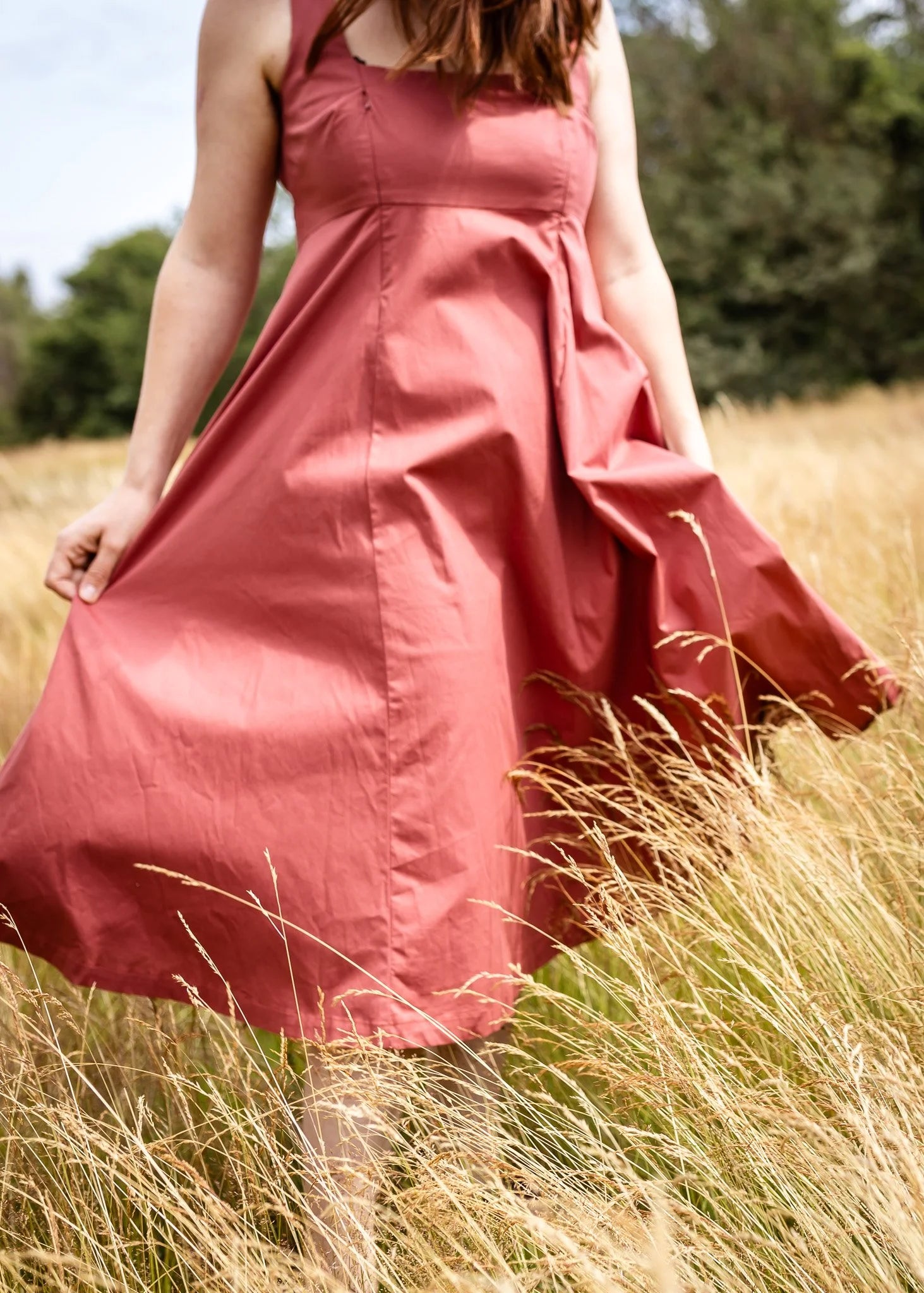 Megan Midi Dress terracotta — gathered back detail with grosgrain trim and keyhole cut-out | Latchette