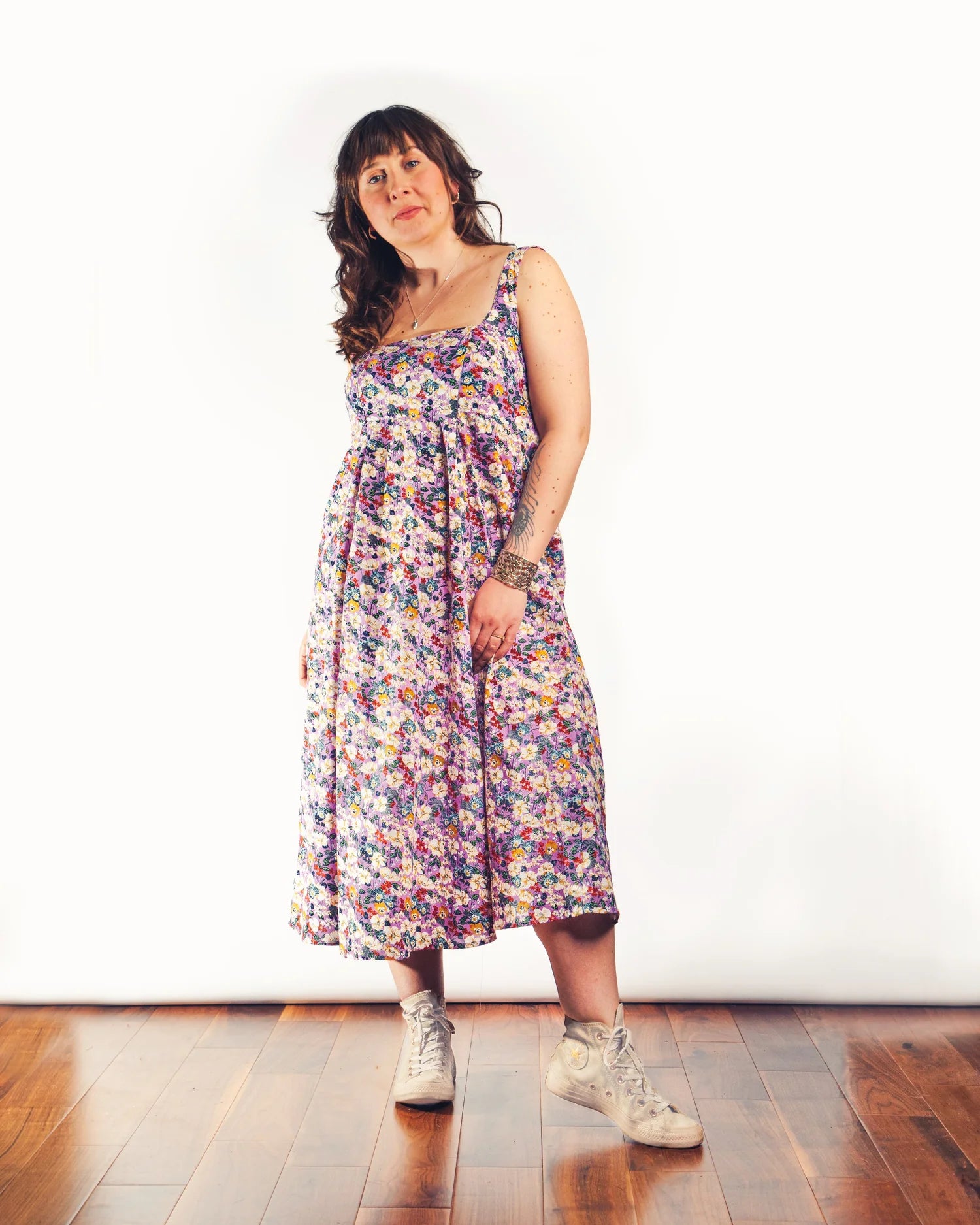 Nomadic Mother Megan Midi Dress in lilac ditsy floral — front view, midi nursing dress with square neckline | Latchette