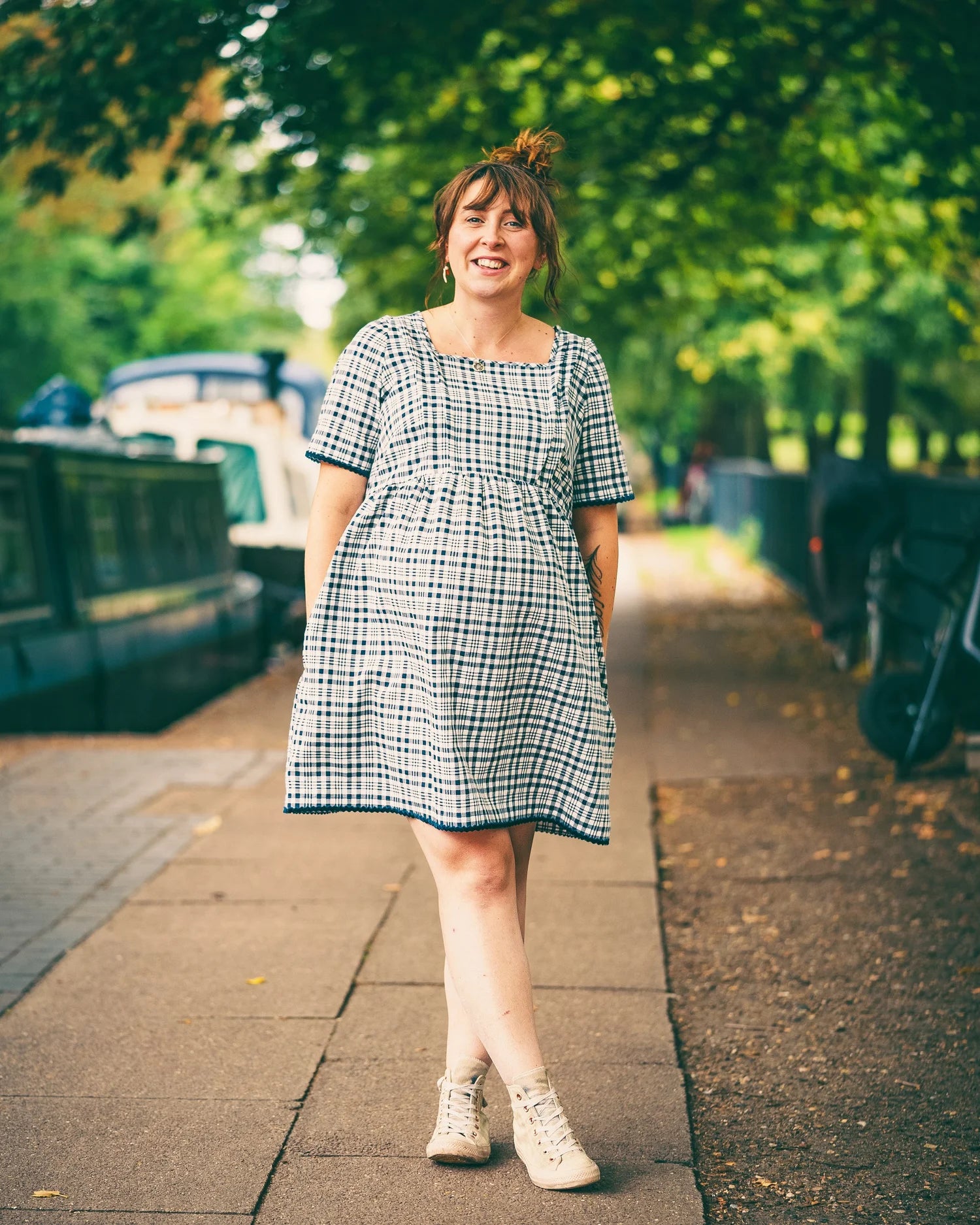 Nomadic Mother Poppy Mini Dress in navy check cotton — front view, mini length nursing dress | Latchette