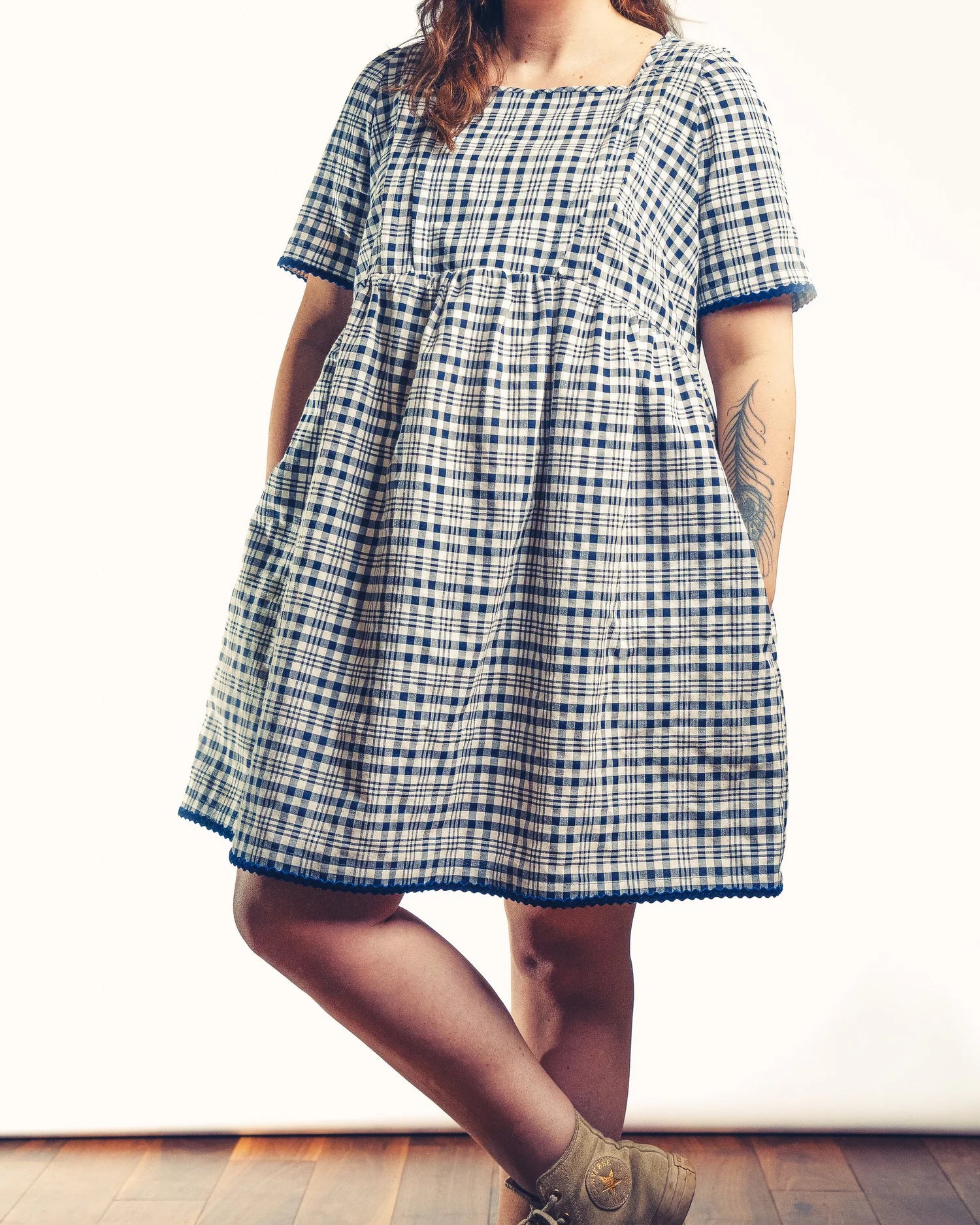 Poppy Mini Dress navy check — model wearing, maternity mini dress with hidden breastfeeding zips | Latchette