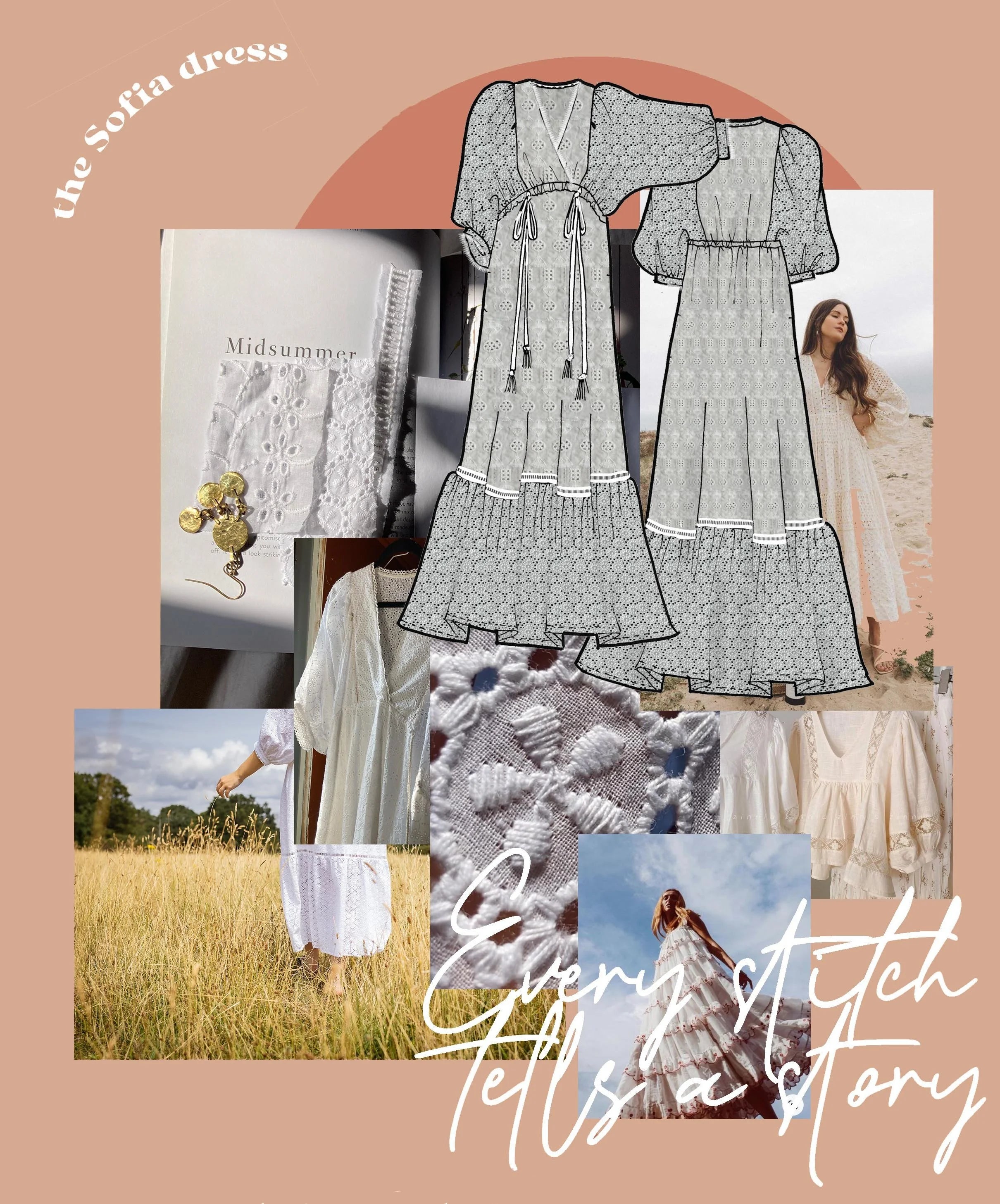 Sofia Maxi Dress white broderie — | Nomadic Mother | Collage of a dress with text 'Every stitch tells a story'background