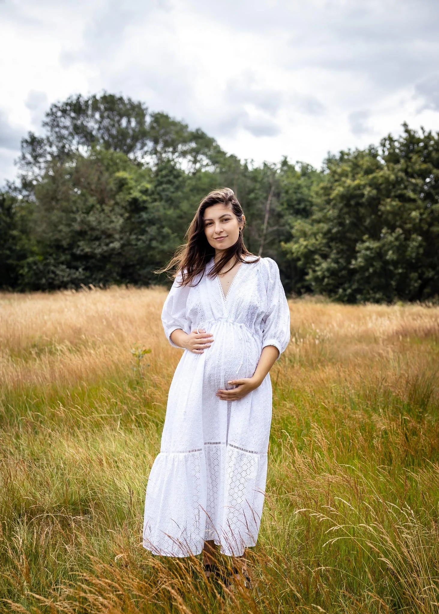 Nomadic Mother Sofia Maxi Dress in white cotton broderie — front view, tiered breastfeeding maxi dress | Latchette