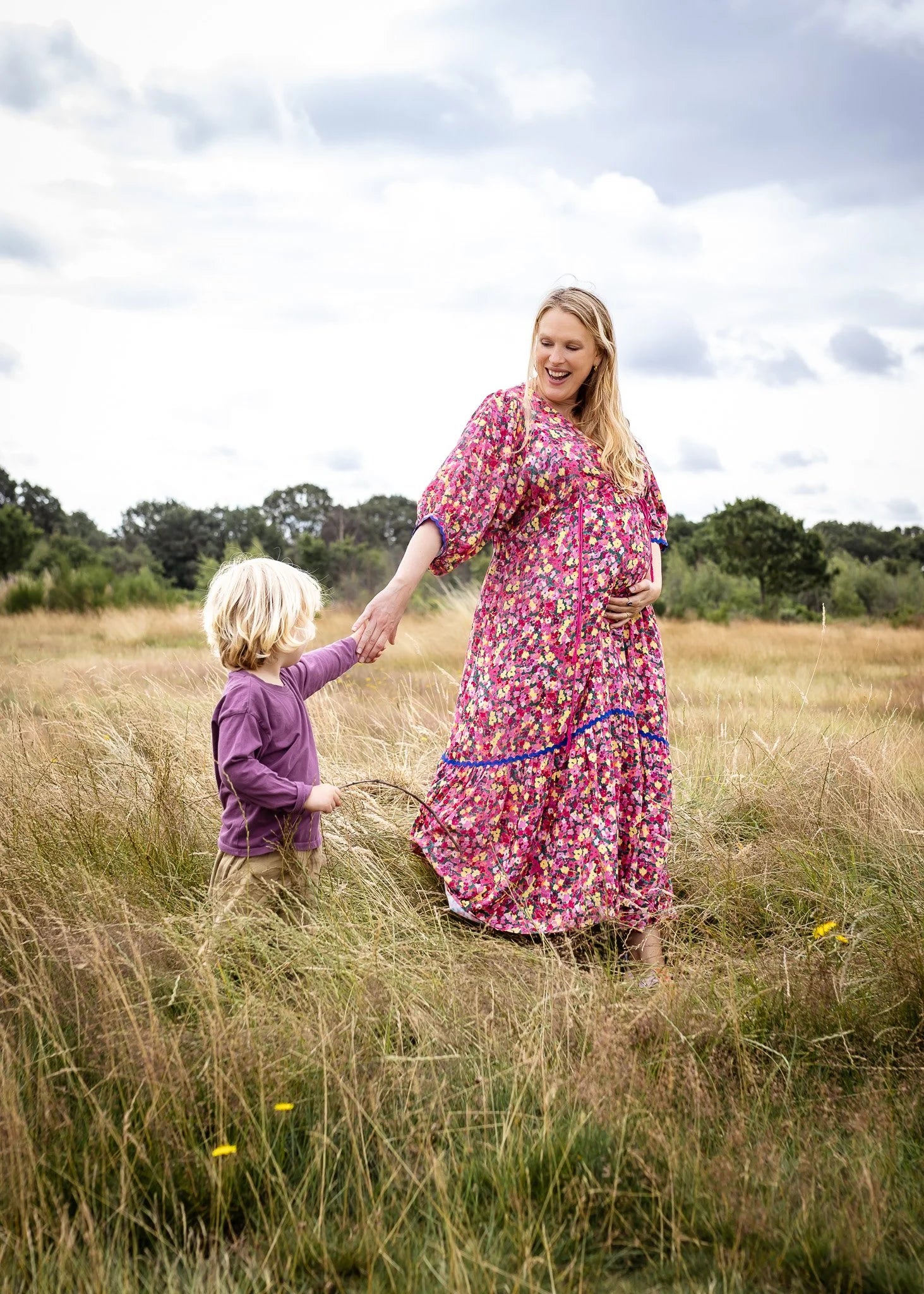 Nomadic Mother Sofia Maxi Dress in painterly pink floral — front view, tiered maxi nursing dress | Latchette