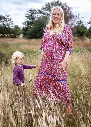 Sofia Maxi Dress pink floral — full length view with ric-rac trim detail | Nomadic Mother | Latchette