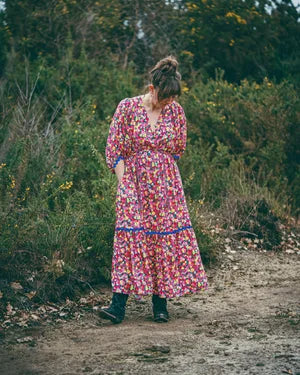Sofia Maxi Dress pink floral — lifestyle shot, worn in pregnancy and suitable postpartum | Latchette