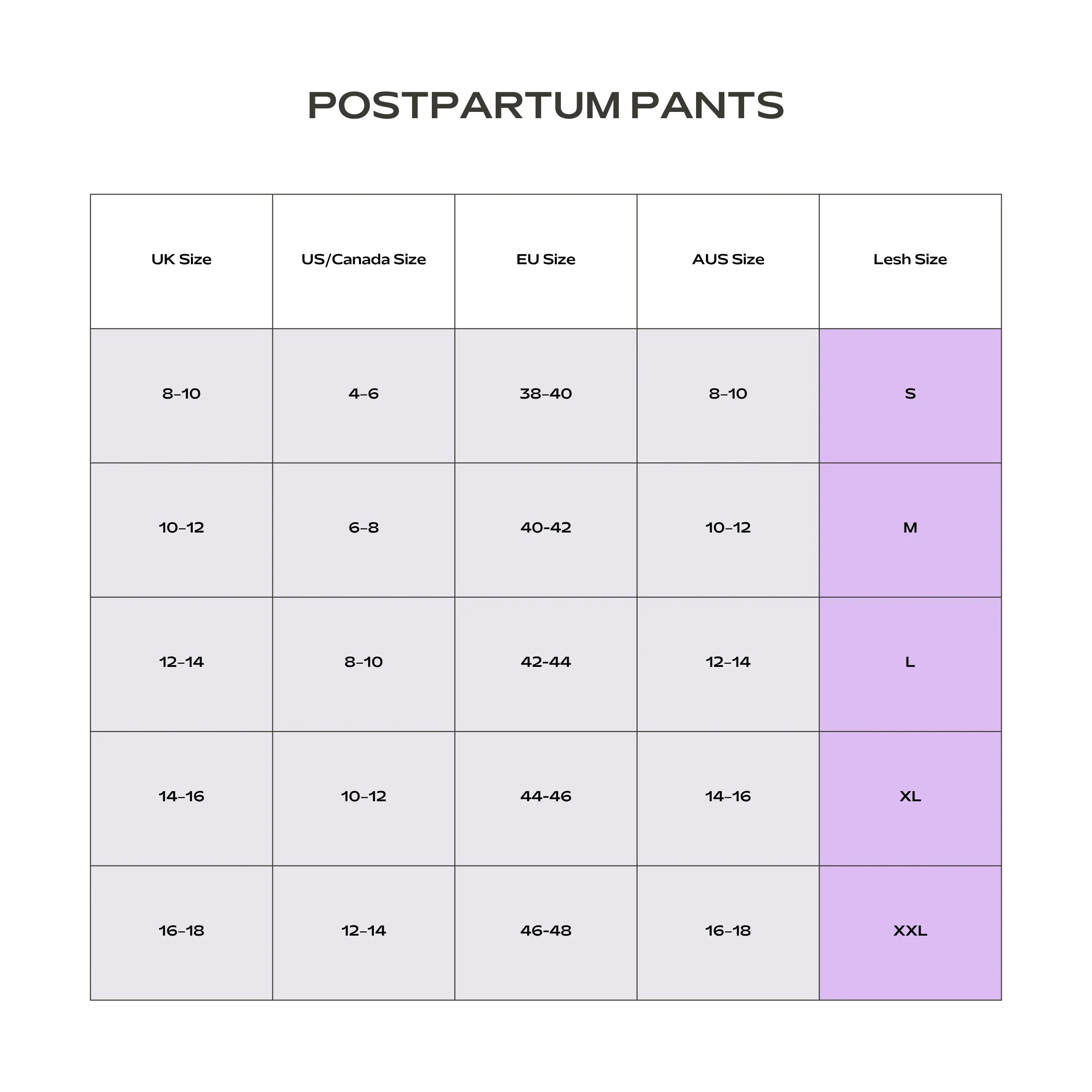 postpartum pants size guide