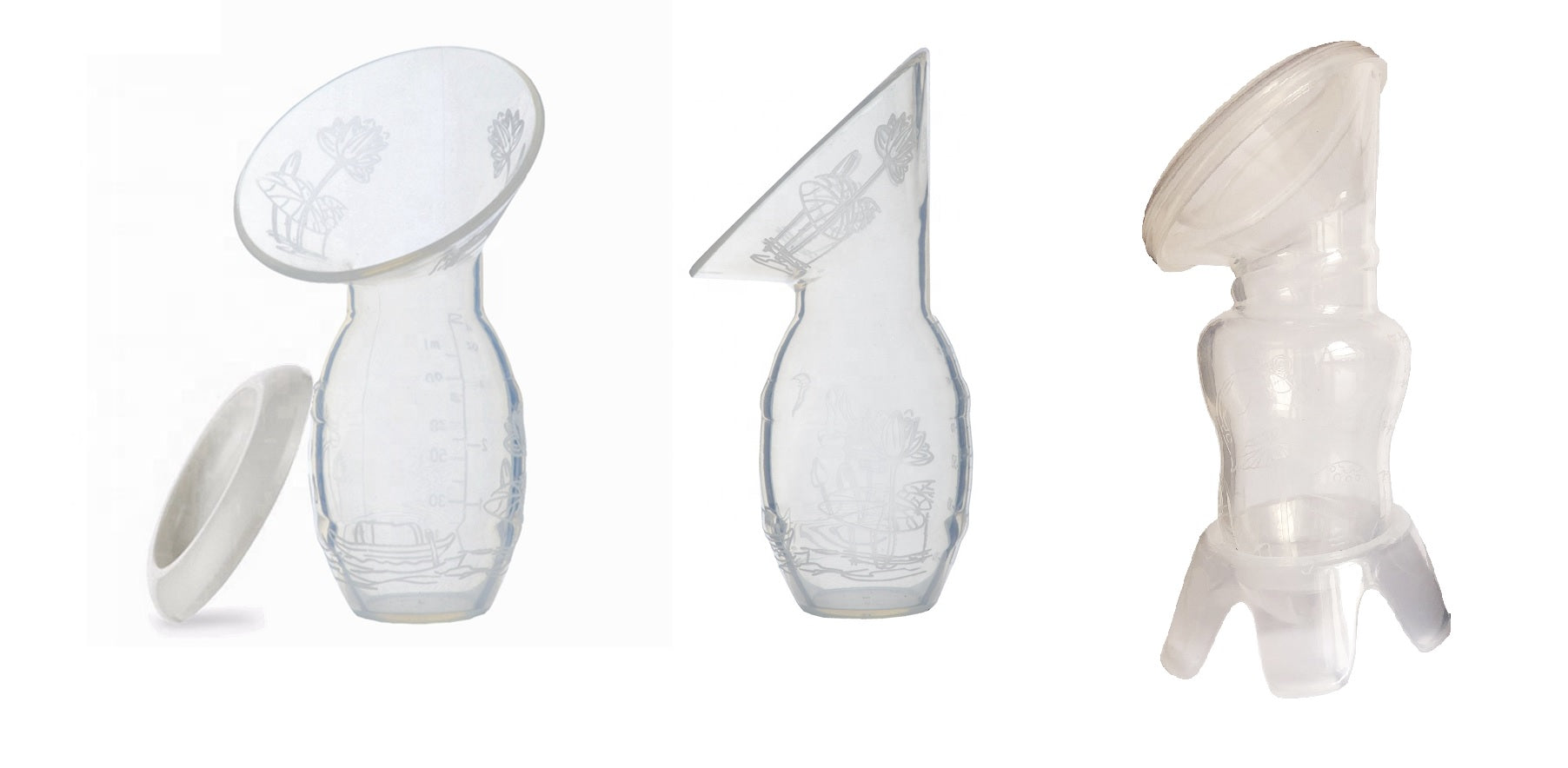 Three clear silicone breast pump parts on a white background