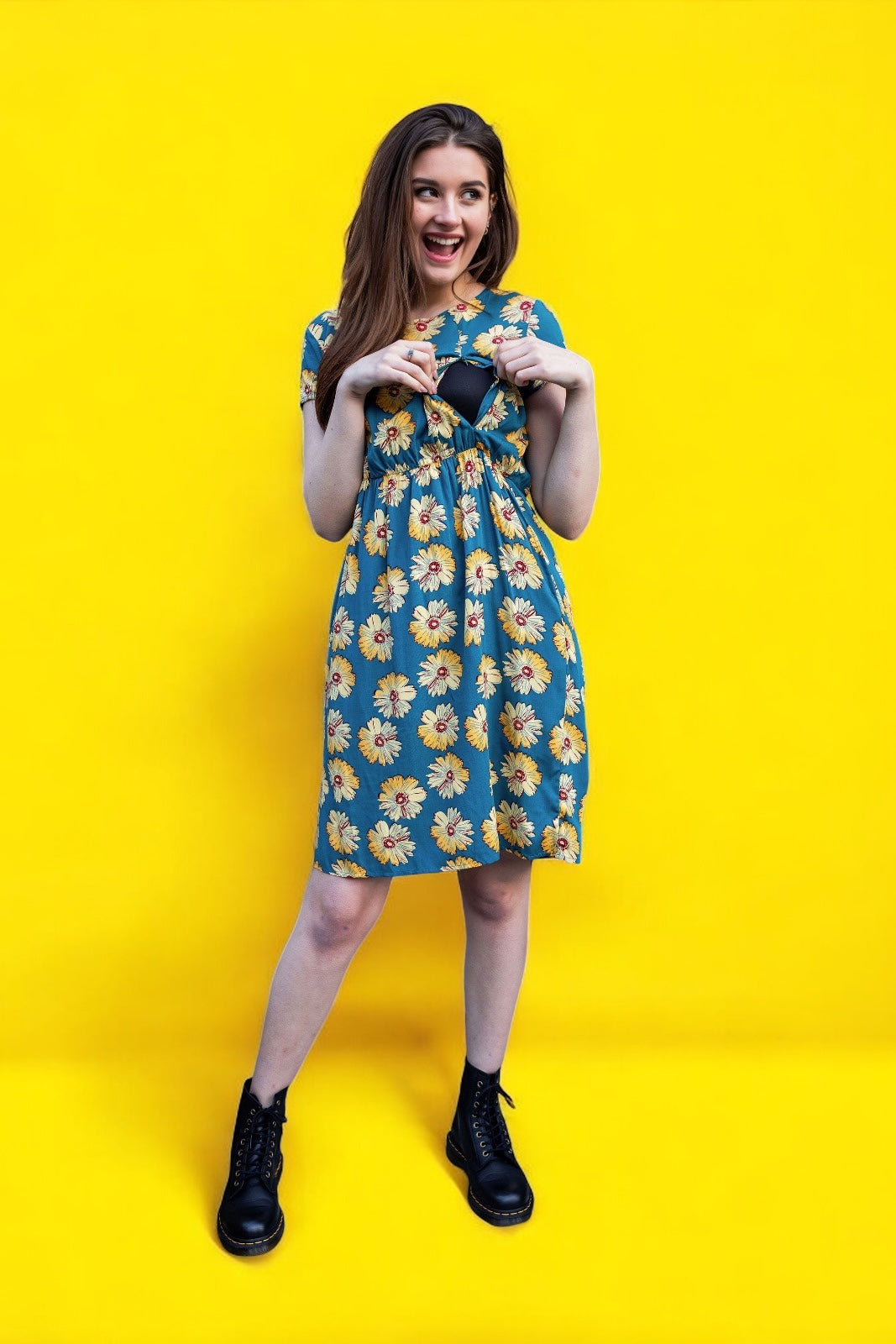 Knee Length Breastfeeding Dress - Blue Sunflower Cotton