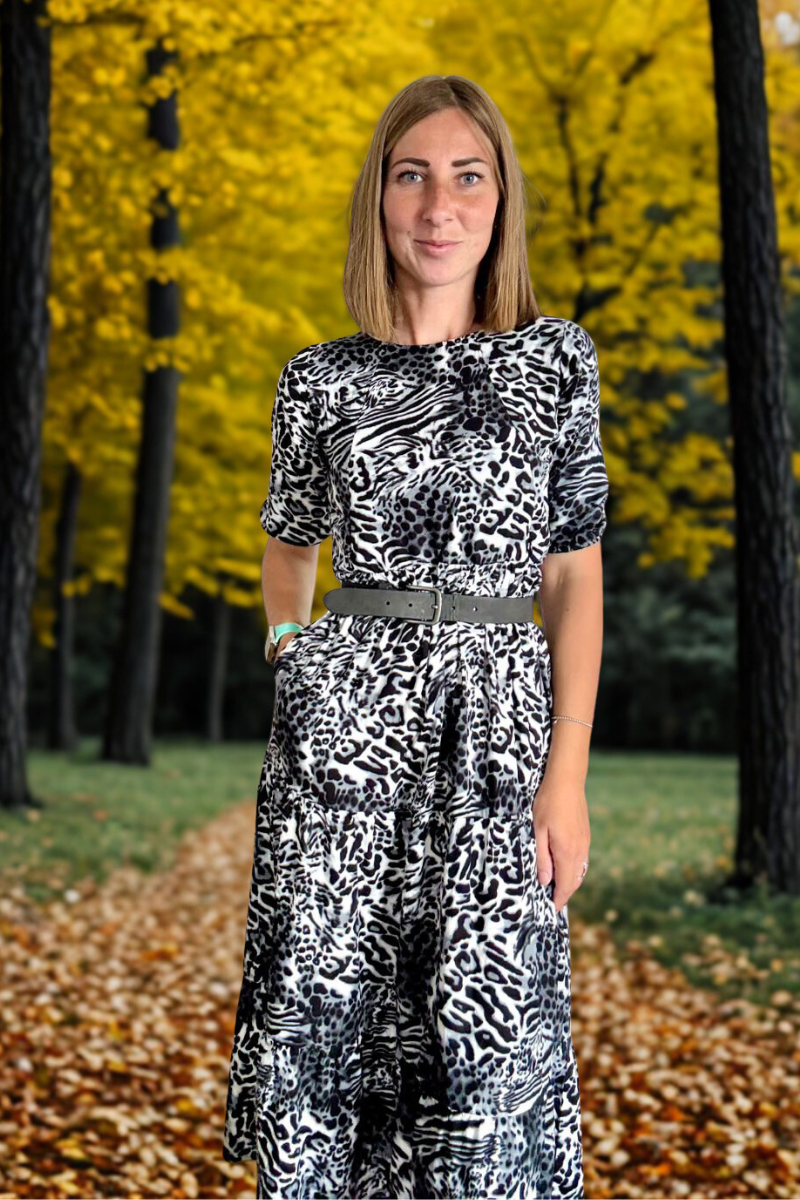 Midi Breastfeeding Dress - Grey Leopard Cotton