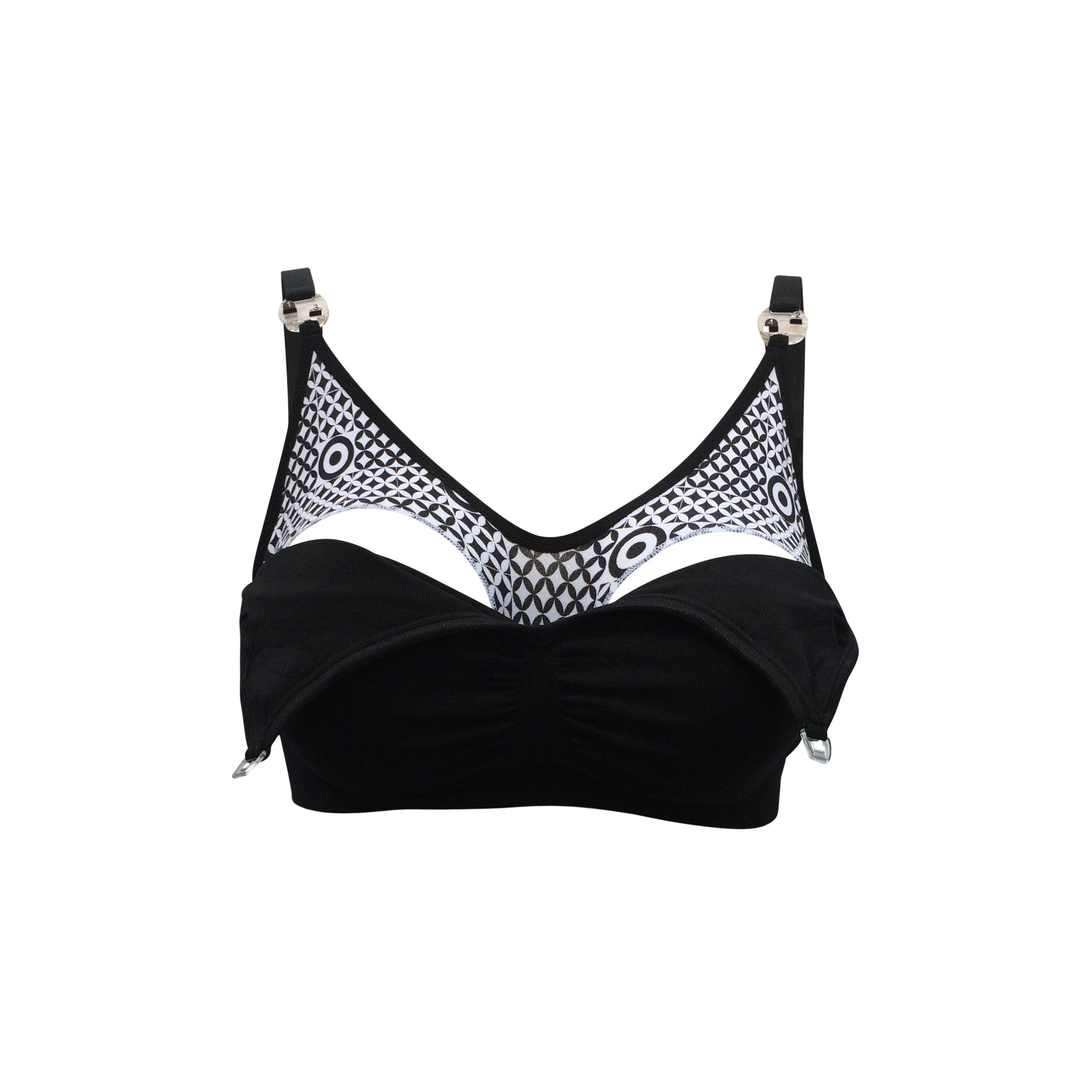 Black nursing bra with white geometric pattern on a white background