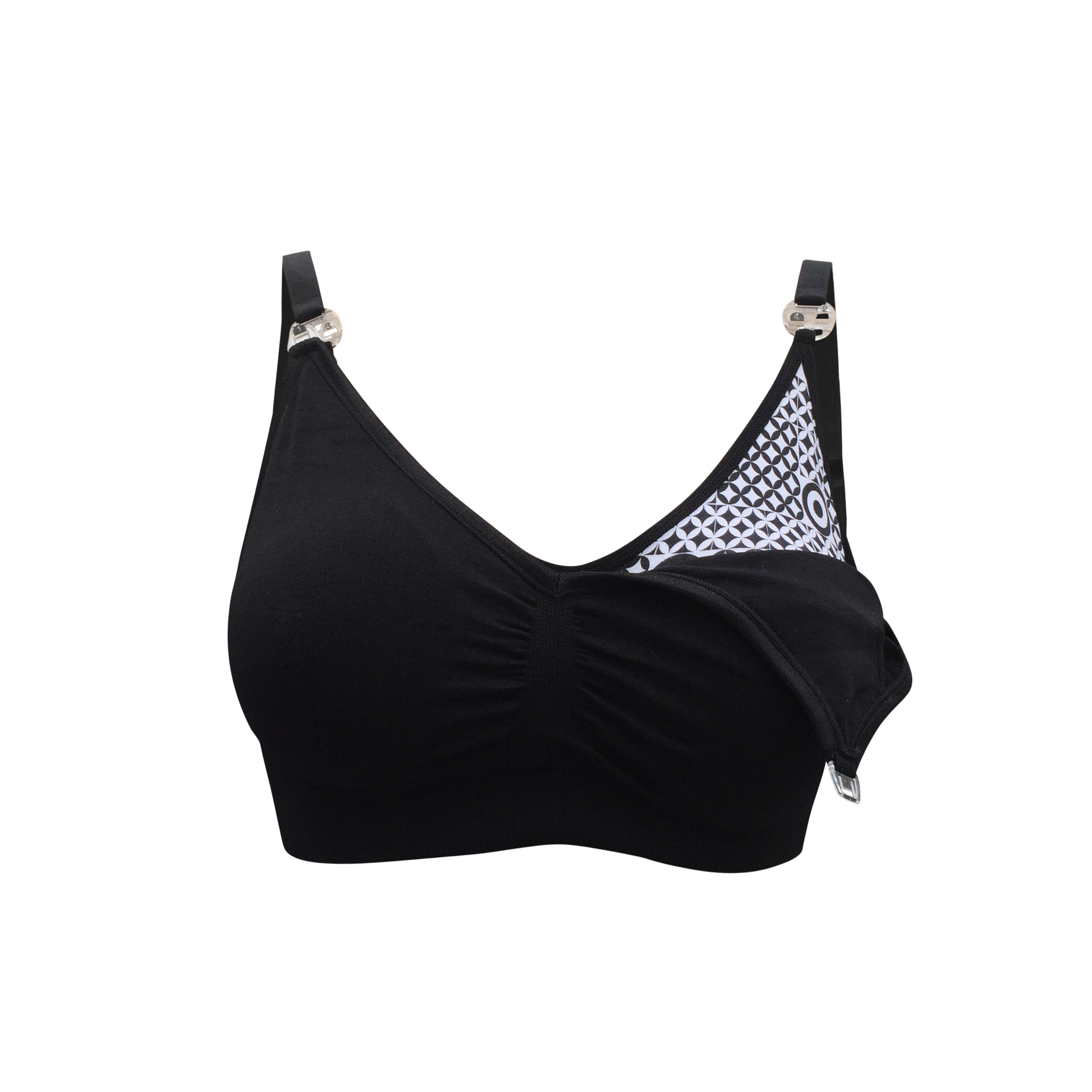Black nursing bra with white geometric pattern and clips on a white background