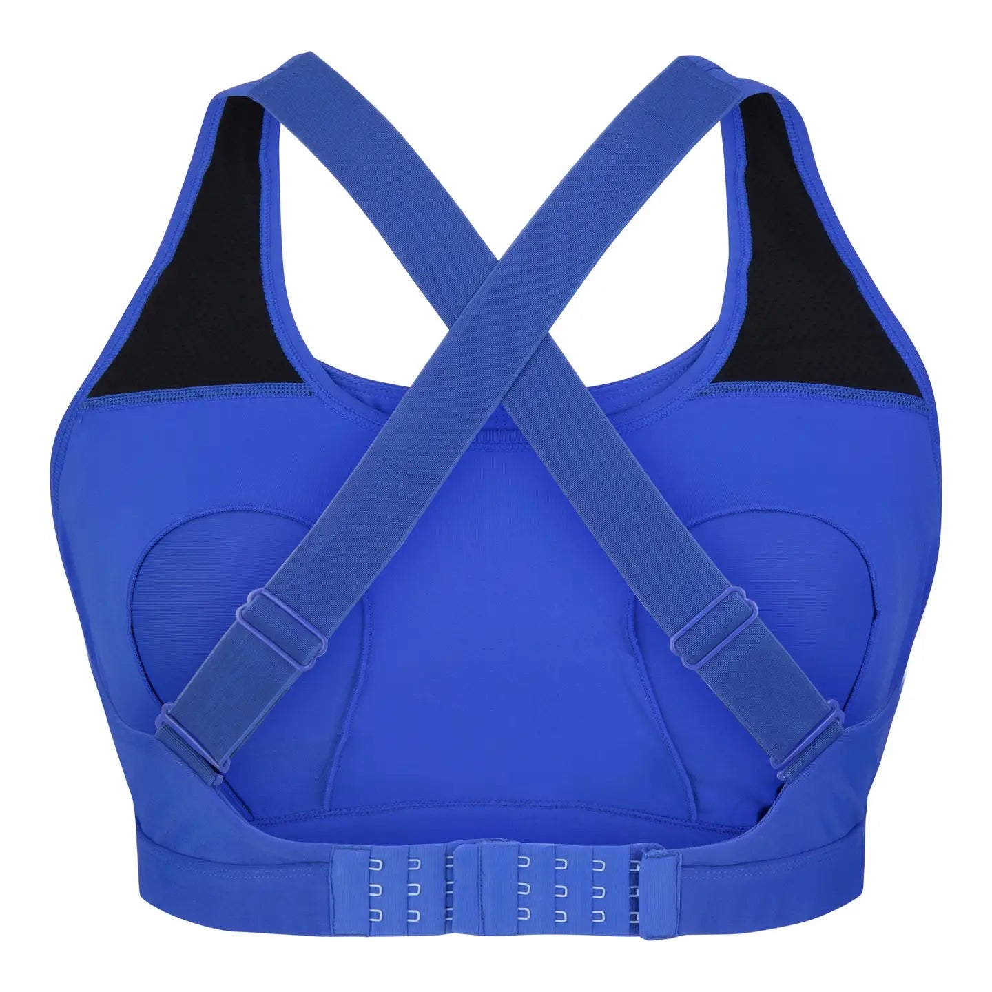Blue sports bra with black lining on a white background