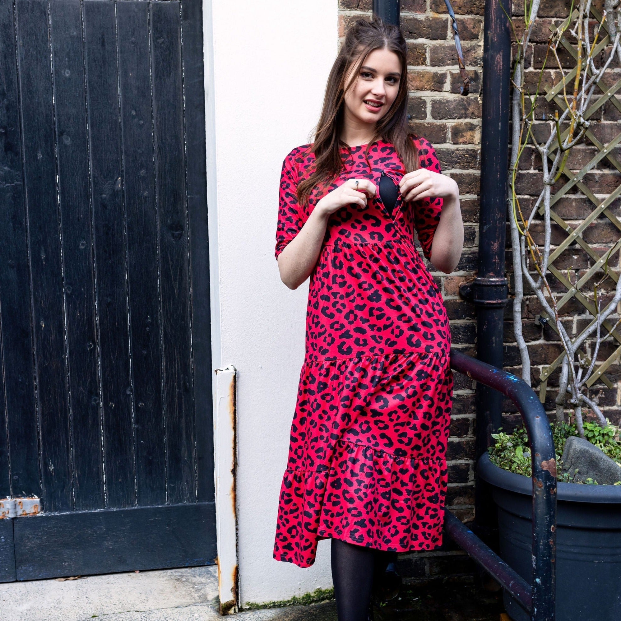 Midi Breastfeeding Dress - Red Leopard