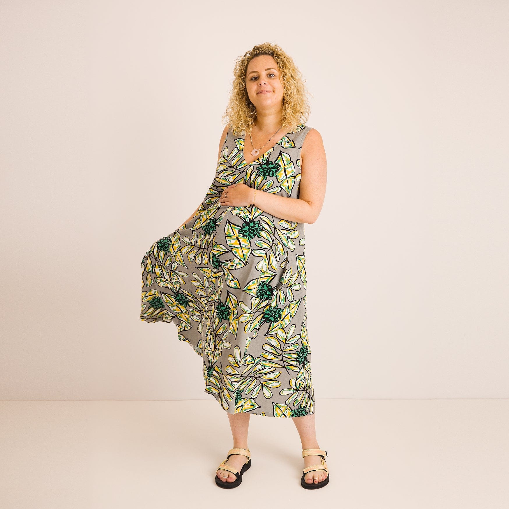 Lucy Dress - Abstract Green Printed Linen