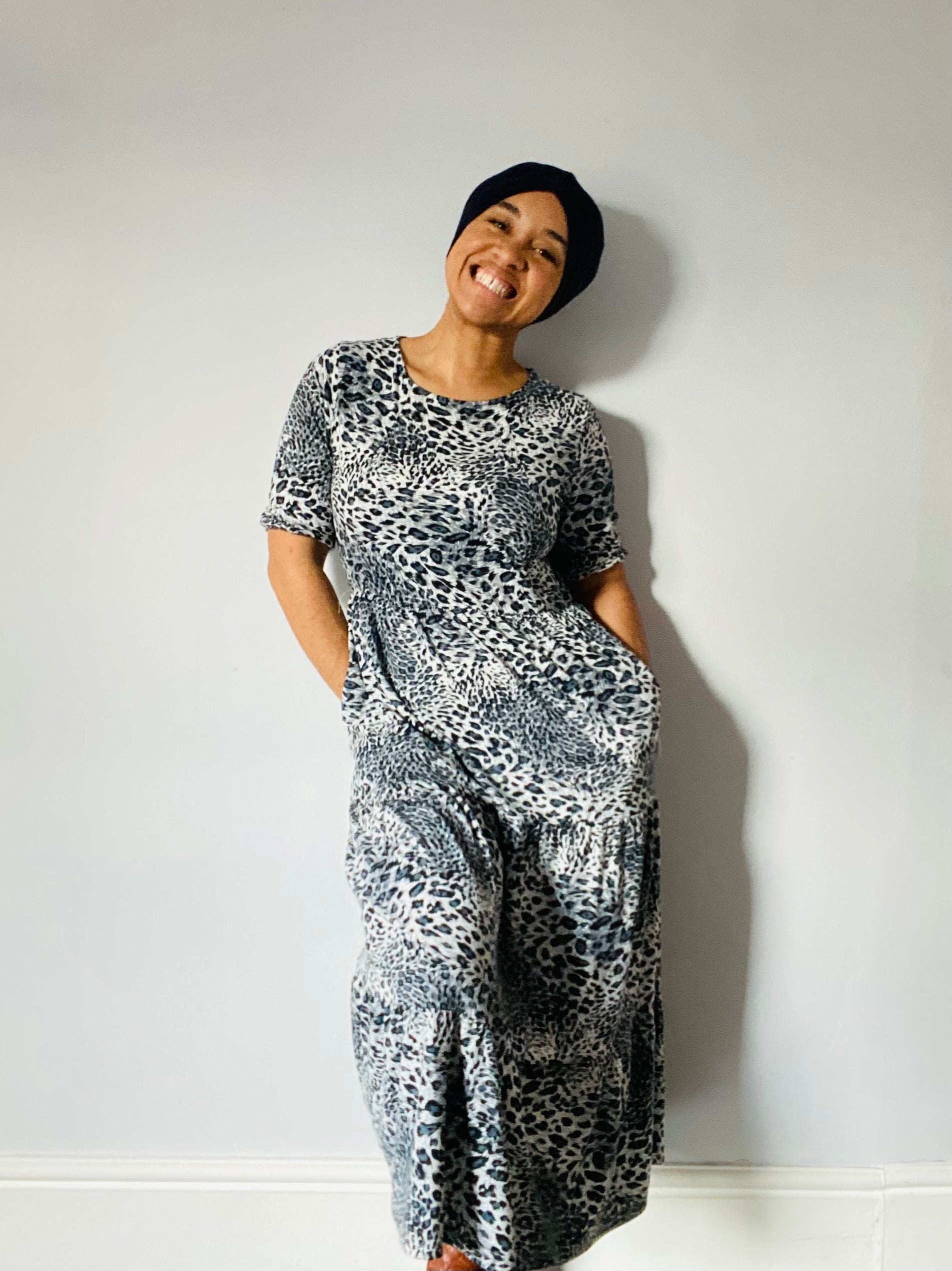Midi Breastfeeding Dress - Grey Leopard Cotton