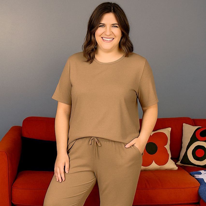 Cotton Short Sleeve Breastfeeding Loungewear - Mocha
