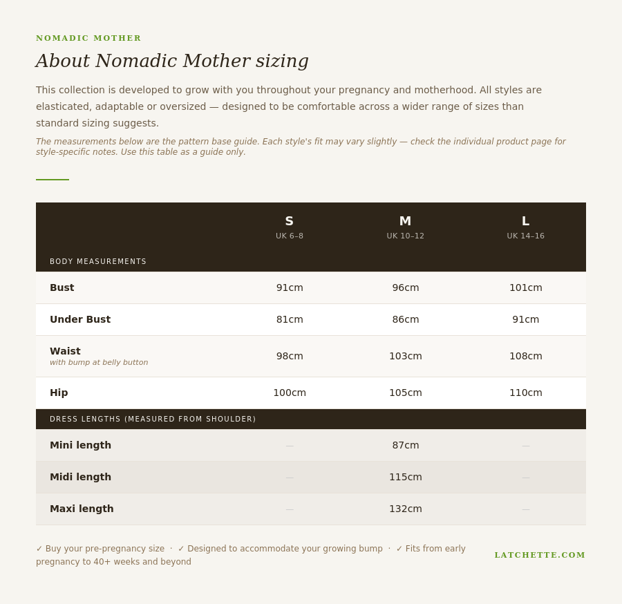 Nomadic Mother sizing chart for clothing with measurements in centimeters.