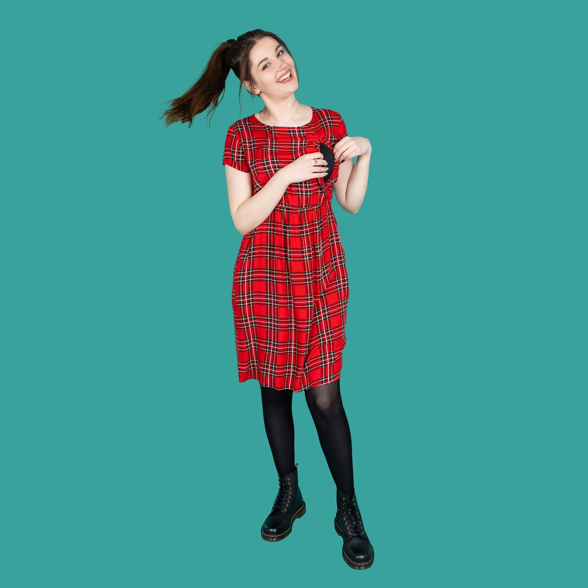 Knee Length Breastfeeding Dress - Red Tartan Cotton
