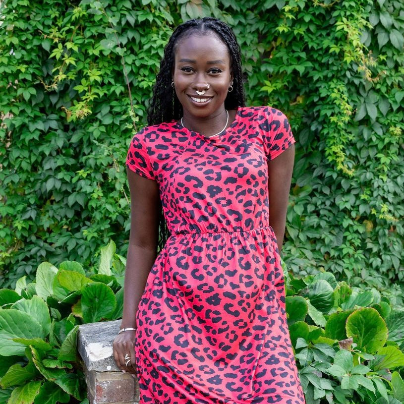 Knee Length Breastfeeding Dress - Red Leopard Print