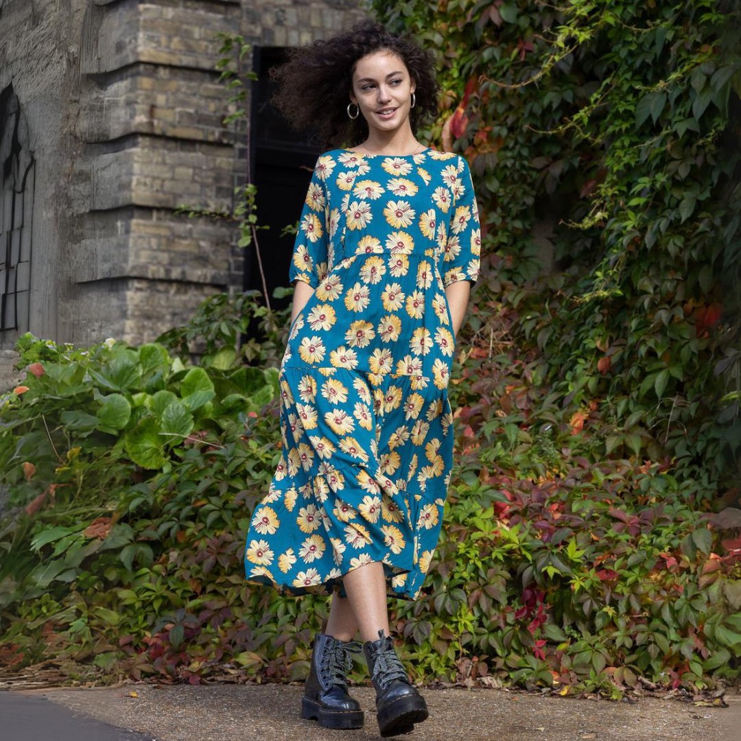 Midi Breastfeeding Dress - Blue Sunflower Cotton