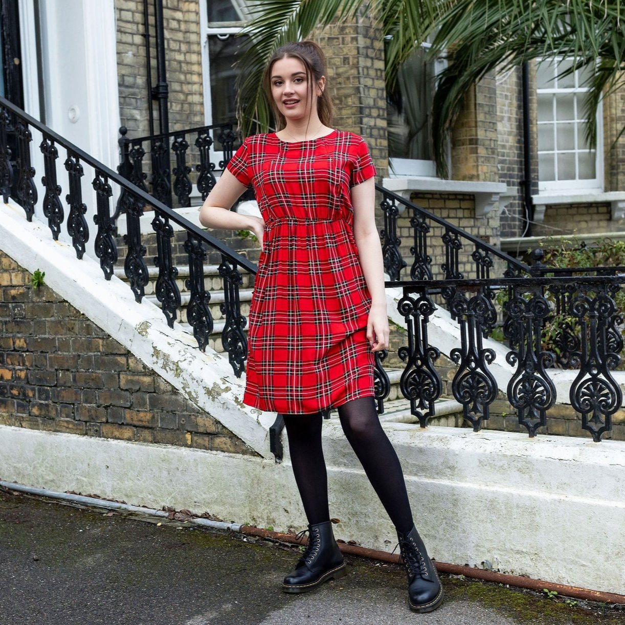 Knee Length Breastfeeding Dress - Red Tartan Cotton