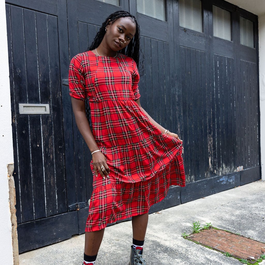 Midi Breastfeeding Dress - Red Tartan Cotton