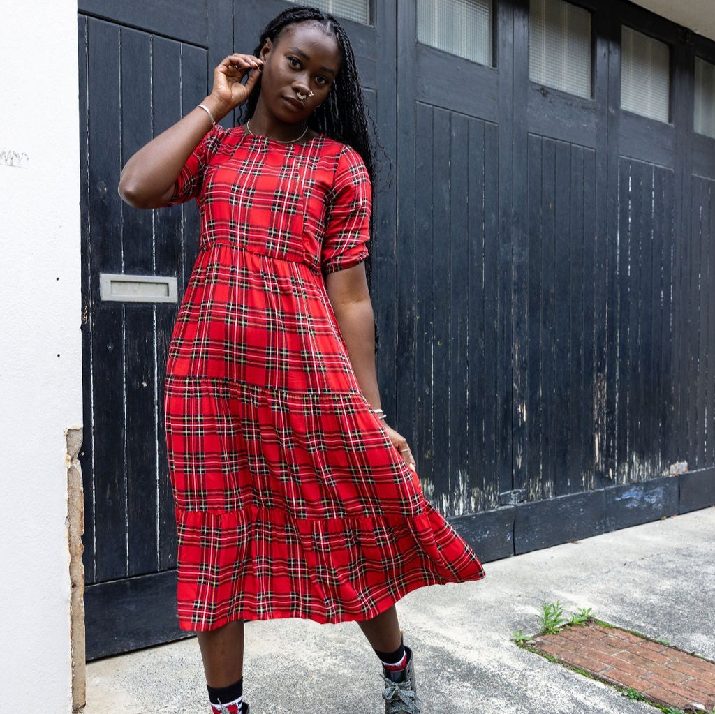 Midi Breastfeeding Dress - Red Tartan Cotton